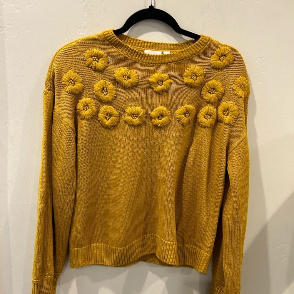 Vila Mustard Floral Embroidered Long Sleeve Knit Sweater Size L